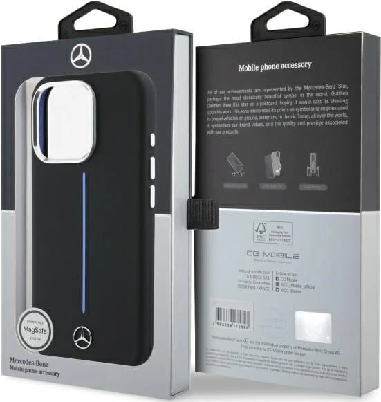 Mbështjellës Mercedes Silicone me vijë të kaltër MagSafe për iPhone 16 Pro, Zi
