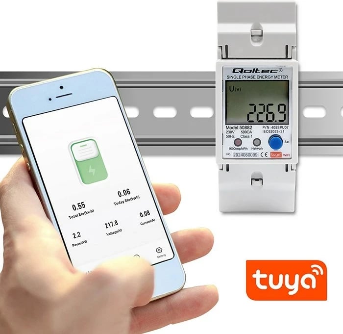 Matës energjie Qoltec 50882, njëfazësh, për DIN rail, Wi-Fi, TUYA, 230V, LCD