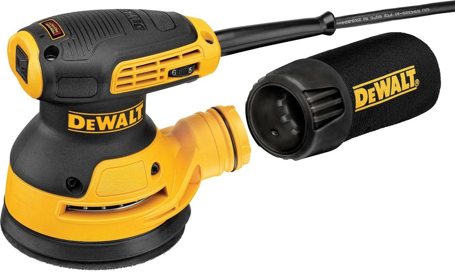 Lëmues orbital DeWALT 125mm 280W, zi/verdhe Lëmues orbital DeWALT 125mm 280W, zi/verdhe