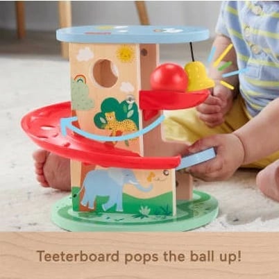 Lodër druri Fisher Price Wooden Treehouse Ball Run, me top, shumëngjyrëshe, për fëmijë të vegjël