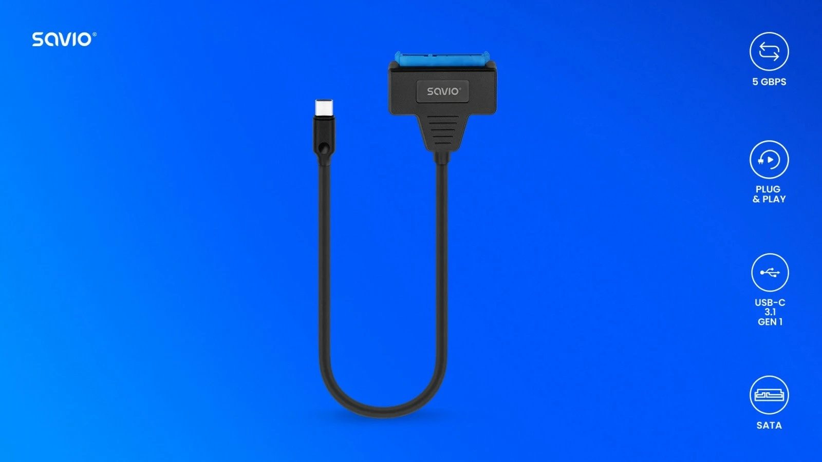 Adapter USB-C në SATA Savio AK-69 për disqe 2.5 inç, i zi