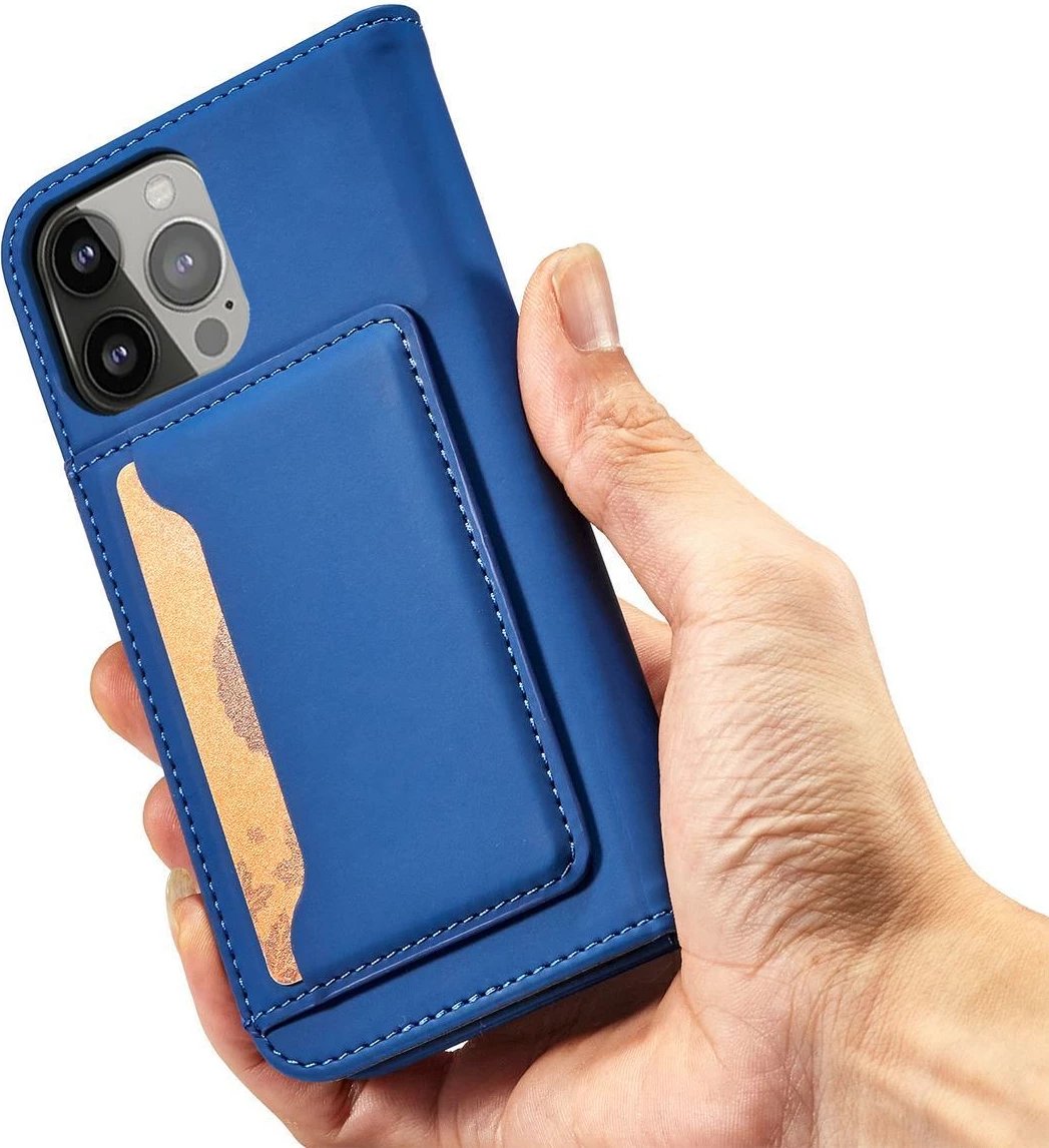 Mbështjellës magnetik për kartela Hurtel për Samsung Galaxy S22 Ultra, me kapak, portofol, mbajtës, Kaltër