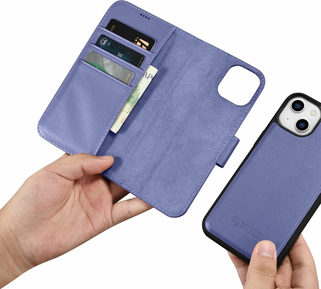 Mbështjellës iCarer Wallet Case 2in1 për iPhone 14, lëkurë natyrale, Anti-RFID, Vjollcë e çelët