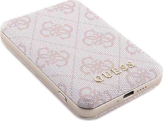Mbështjellës Guess 4G Metal Logo me powerbank MagSafe 5000mAh për iPhone 15 Pro, Rozë, Set