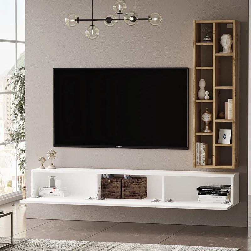 Njësi muri për TV Esmeralda, ngjyrë bardhë-natyrale, 74.5x27x145cm