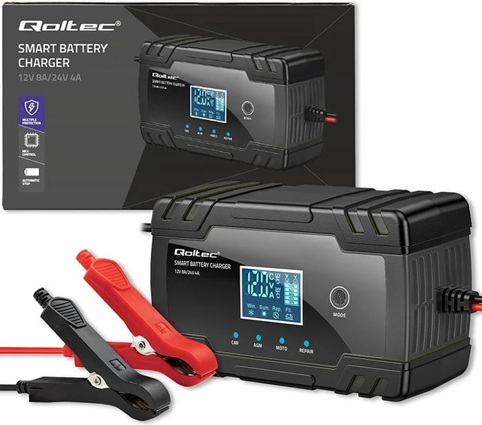 Karikues inteligjent për bateri Qoltec 52490, 12V 8A / 24V 4A, me funksion riparimi, LCD