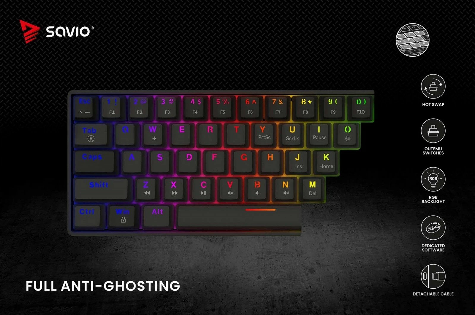Tastierë mekanike Savio Blackout X2 OUTEMU Brown, 60%, ARGB, Hot Swap, e zezë