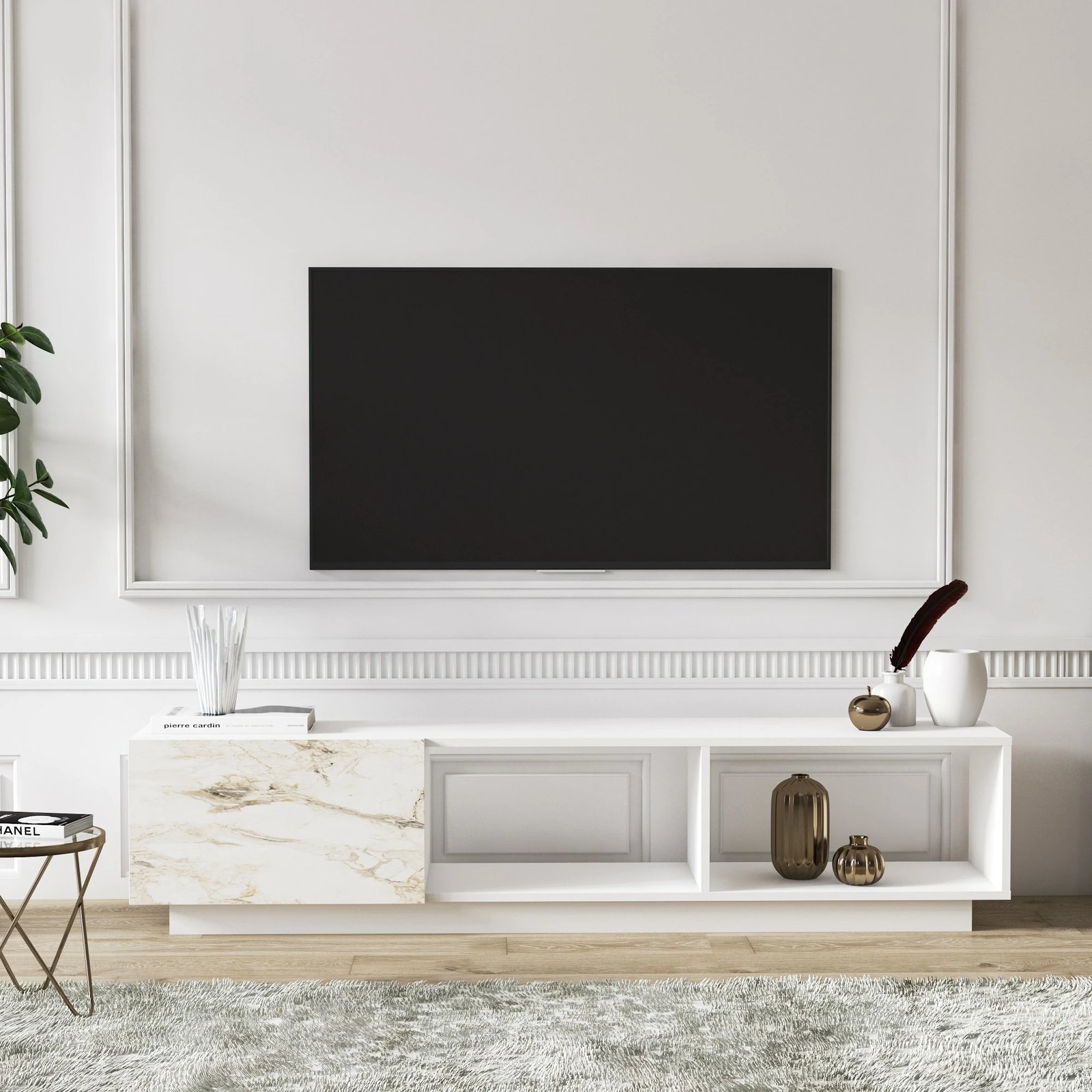 Komodë për TV, Skye Decor, ngjyrë e bardhë, detaje mermeri, Lepando