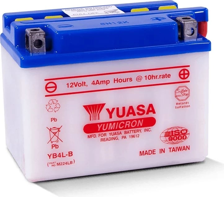 Bateri motoçiklete Yuasa YB4L-B, 4 Ah, 12 V, e bardhë