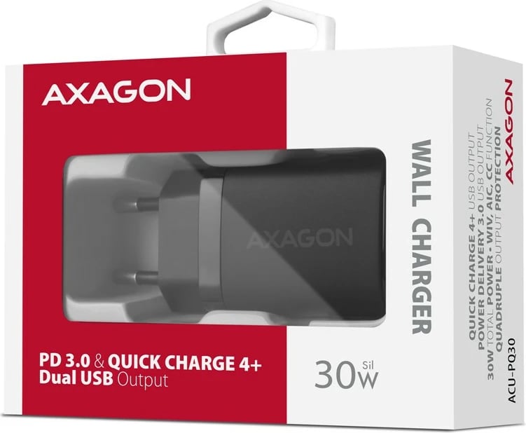 Mbushës muri AXAGON ACU-PQ30, 30W, 2 porta (USB-A QC3.0/4.0 + USB-C PD3.0), i zi