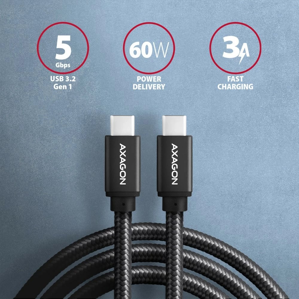 Kabllo USB-C në USB-C AXAGON BUCM3-CM15AB, 1.5m, 60W, e zezë