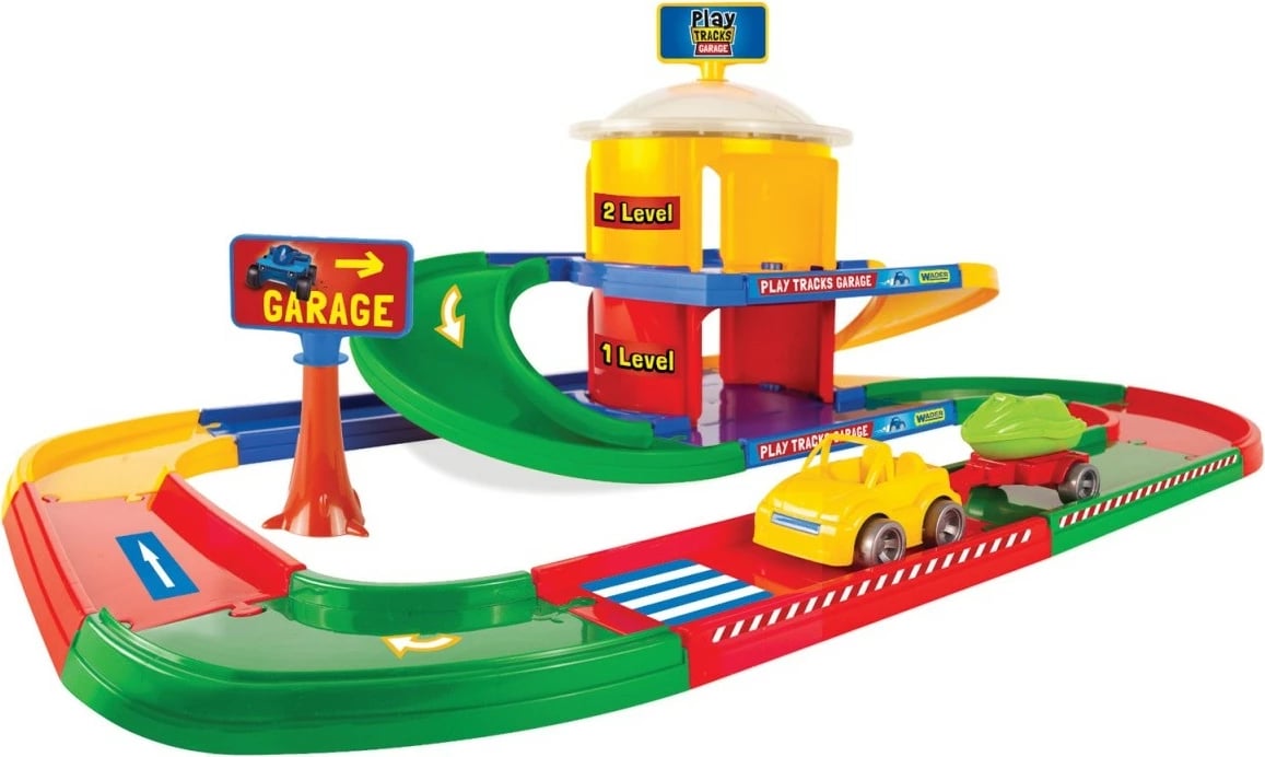 Set garazh lodër Wader Play Tracks Garage, 2 nivele, me makina dhe ngjitëse, shumëngjyrësh