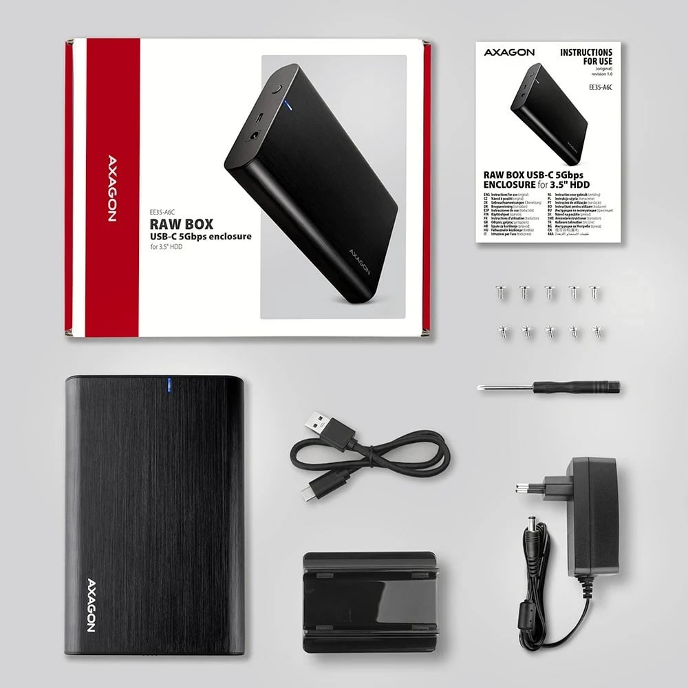 Kasë AXAGON EE35-A6C për disk, 3.5", USB Type-C, E zezë