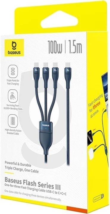 Kabllo Baseus Flash Series Type C në C+C+C, 480 Mbps, 1.5 m, Blu