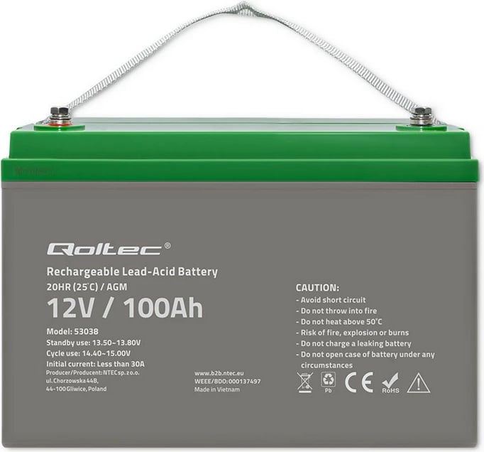 Bateri AGM Qoltec 53038, 12V, 100Ah, Gri/Gjelbër