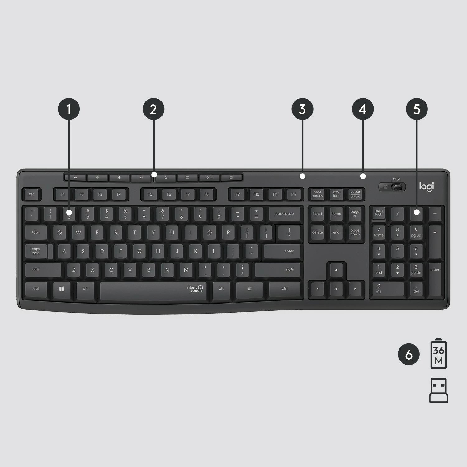 Kombo Logitech MK295 Silent Wireless, Full-size (100%), Wired, USB, QWERTY, Grafit, Maus i përfshirë