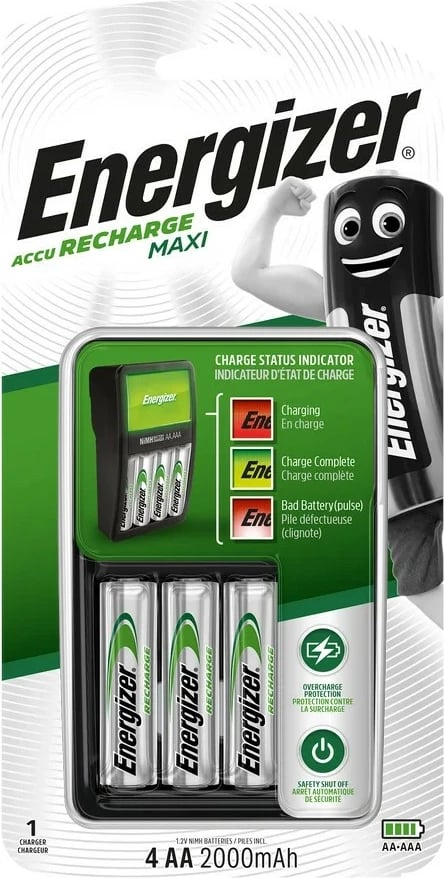 Karikues baterish Energizer Maxi + Power Plus me 4 bateri AA 2000 mAh, Argjendtë