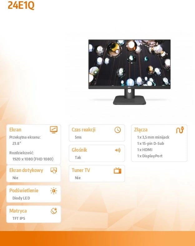 Monitor AOC 24E1Q, 23.8", IPS, Full HD, me altoparlantë, i zi