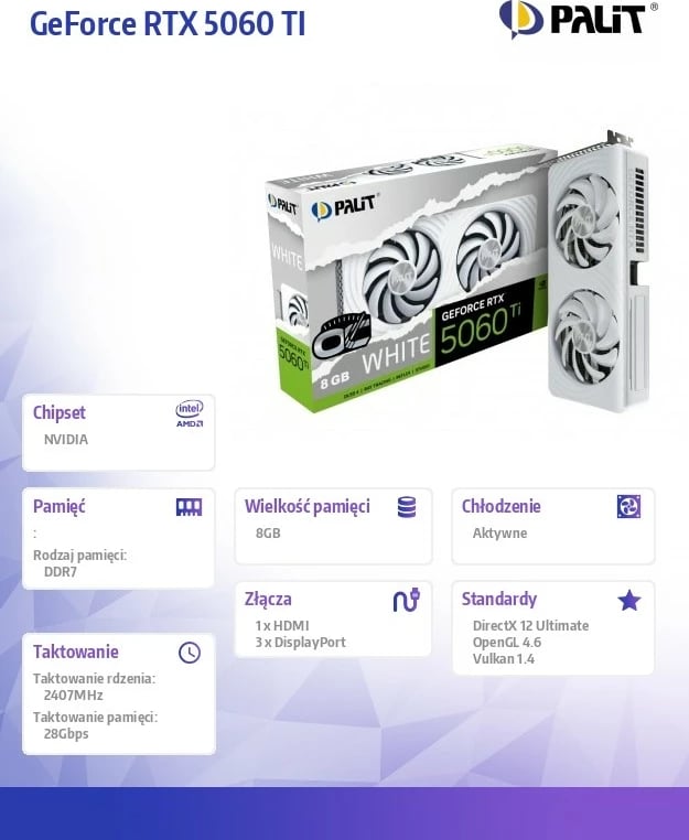 Kartelë grafike Palit GeForce RTX 5060 Ti WHITE OC, 8GB GDDR7, 128bit, 3DP/HDMI, e bardhë