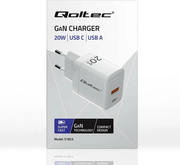 Karikues muri Qoltec 20W GaN, 1x USB-C PD, 1x USB QC 3.0, Bardhë