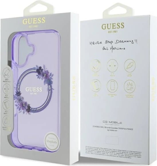 Mbështjellës Guess IML Flowers Wreath MagSafe për iPhone 16, vjollcë