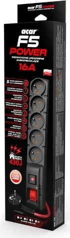 Prizë Acar F5 Power, 5 dalje, 5m, 16A, e zezë