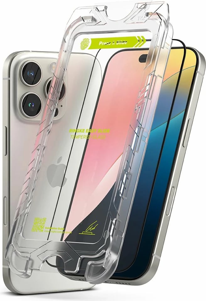 Xham mbrojtës për ekran, Ringke Easy Slide, për iPhone 16 Pro, 2-pack, Kornizë e zezë