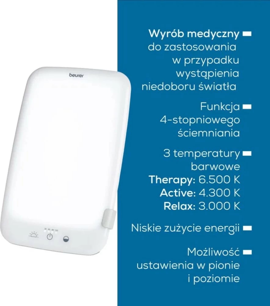 Lampë dite/terapie me dritë, Beurer TL35, 10 000 lx, sipërfaqe 14×20 cm, 3 temperatura ngjyre, dimmer 4 nivele, timer 30–120 min, e bardhë