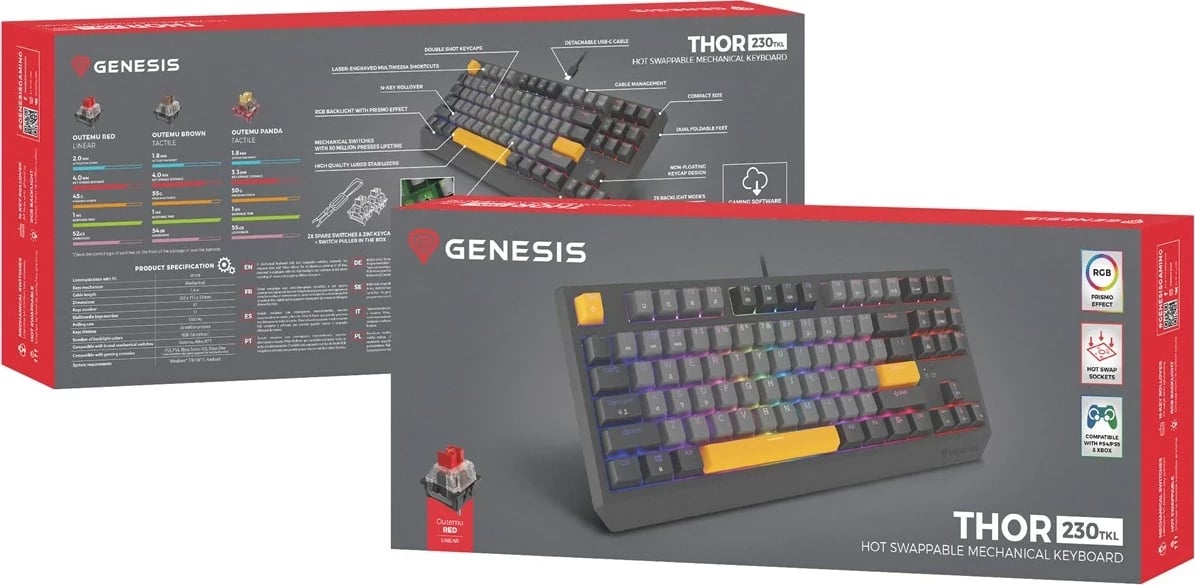 Tastierë mekanike gaming GENESIS Thor 230 TKL, Outemu Red, RGB, Wireless + Bluetooth + USB, Portokalli