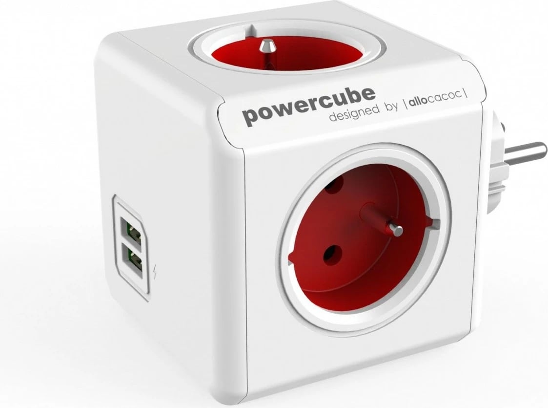 Shumëfishues prizash Allocacoc PowerCube Original USB 2202RD, 4 dalje, 2 USB, Kuq/Bardhë