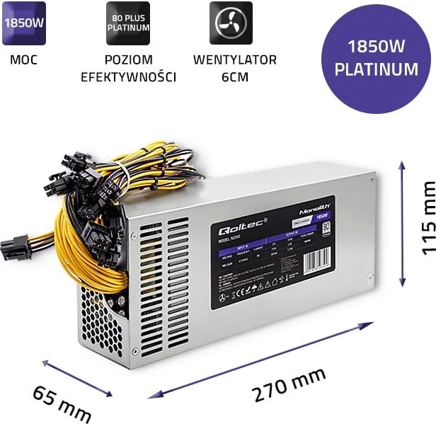 Furnizues i Energjisë Qoltec 50350, 1850W PCI-E, 80 Plus Platinum për Gaming Miner, Gri