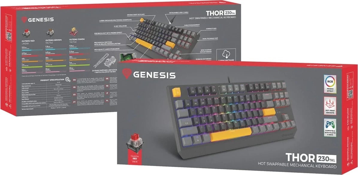 Tastierë mekanike GENESIS Thor 230 TKL, QWERTY, RGB, Wireless + Bluetooth + USB, Zezë/Gri/Portokalli