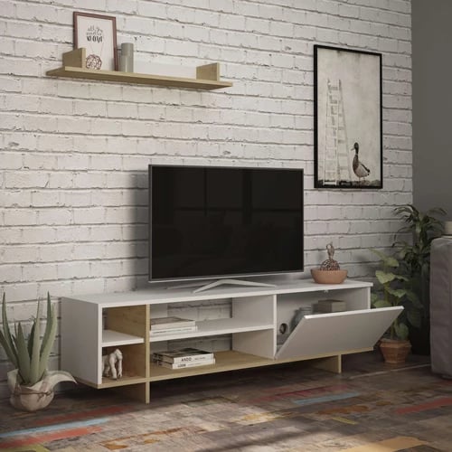 Njësi TV Saloon, ngjyrë bardhë-lisi, 160x35.5x44cm