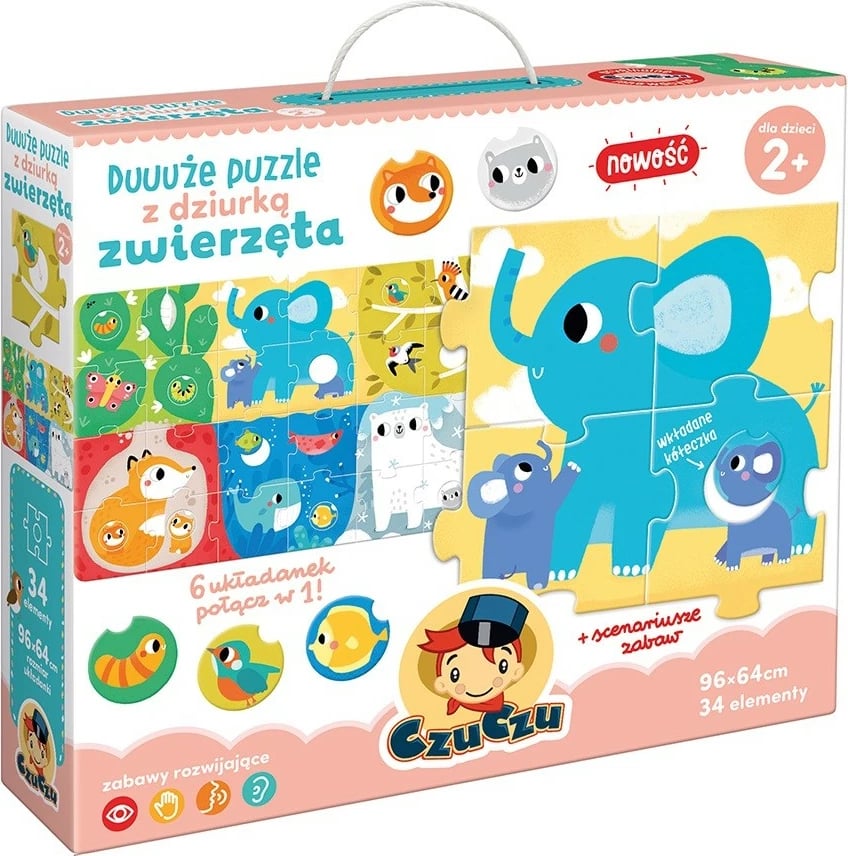 Puzzle i madh me vrimë CzuCzu, 34 pjesë, kafshë, shumëngjyrësh