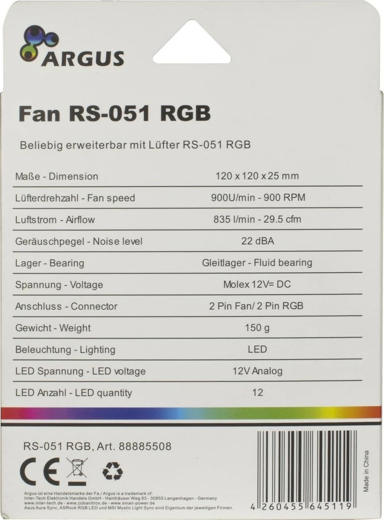 Ventilator Inter-Tech Argus RS-051 RGB, 12 cm, 900 RPM, 22 dB, 50.12 cfm, i zi