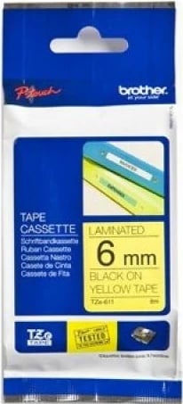 Kasetë shirit etiketimi Brother TZe-611 6 mm e laminuar, zi në të verdhë