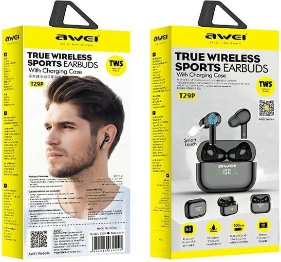 Kufje AWEI T29P TWS, Bluetooth 5.1, me mikrofon, të zeza, me stacion karikimi