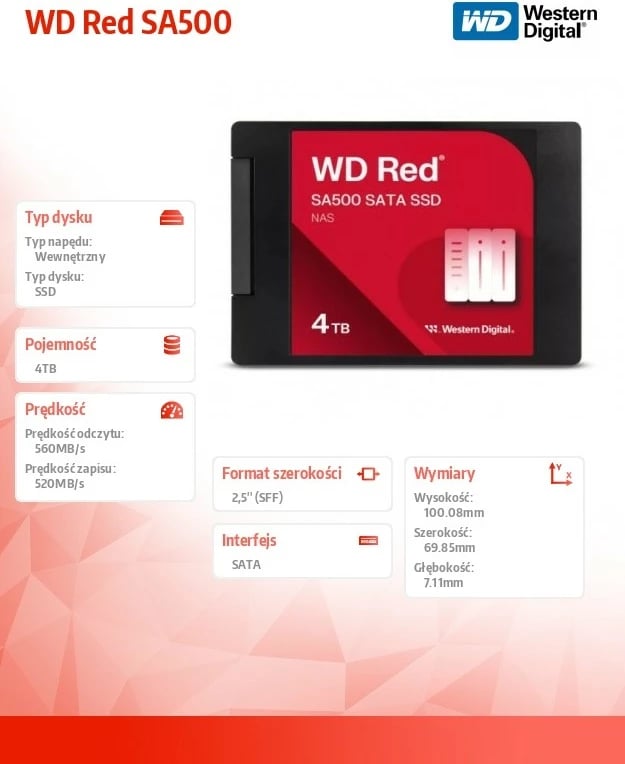 SSD Western Digital WD Red SA500, 4TB, 2.5", SATA, i zi