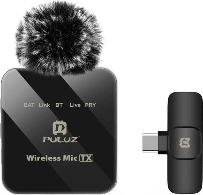 Mikrofon lavalier wireless Puluz PU648B, USB-C, i zi, set prej 2 copë