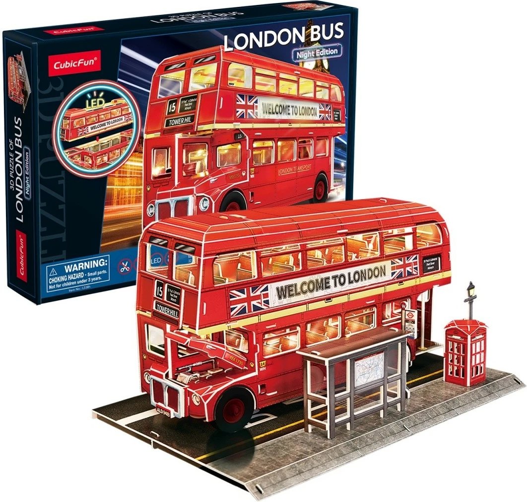 Puzzle 3D Cubic Fun London Bus me ndriçim LED, 161 pjesë, e kuqe