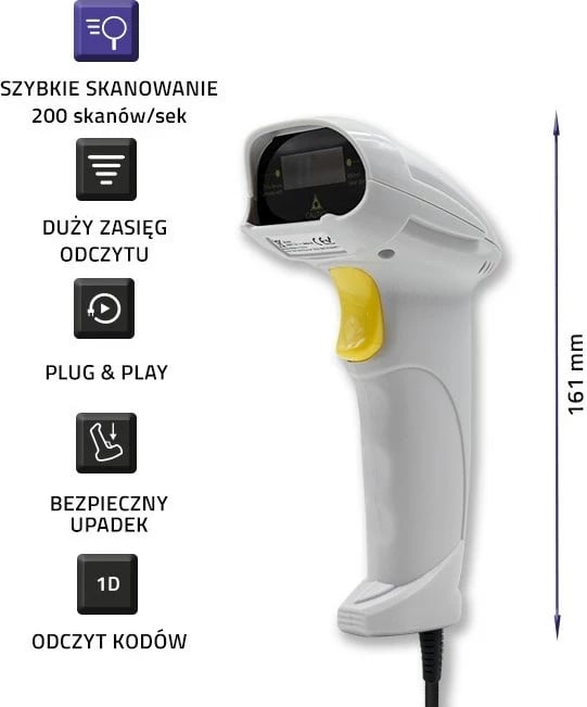 Skaner barkodash Qoltec 50877, Laser 1D, USB, Bardhë