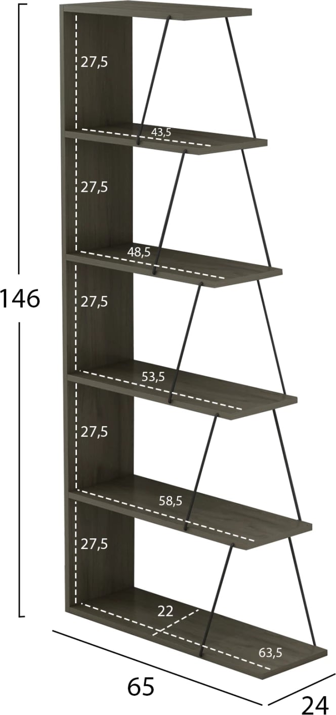 Raft librash MINI TARS FH2241.13, melaminë gri ulliri, shufra metali të zeza, 65x22-24x146H cm