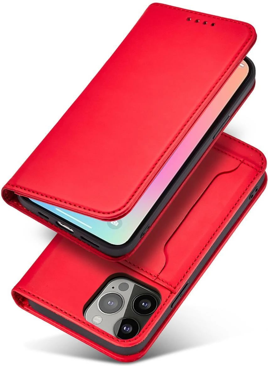 Mbështjellës Hurtel Magnet Card Case për iPhone 14 Pro Max, portofol, qëndrim, e kuqe