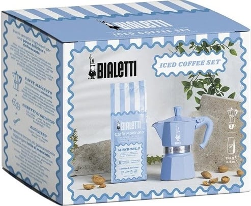 Set moka Bialetti Moka Express 3 filxhanë me kafe bajame 250g, Kaltër