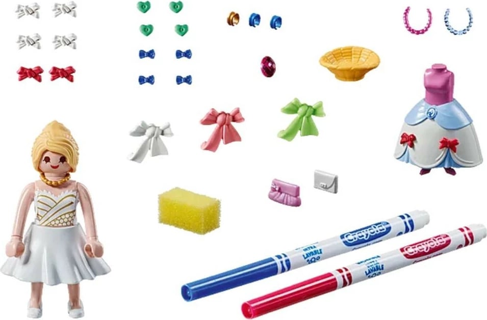 Set lodër Playmobil Color Fashion Dress 71374 me 40 pjesë, për fëmijë, me dy markera Crayola