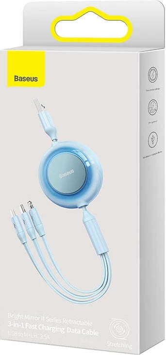 Kabllo 3-në-1 Baseus Bright Mirror 2, 1.1m, USB në Micro USB/USB-C/Lightning, Blu