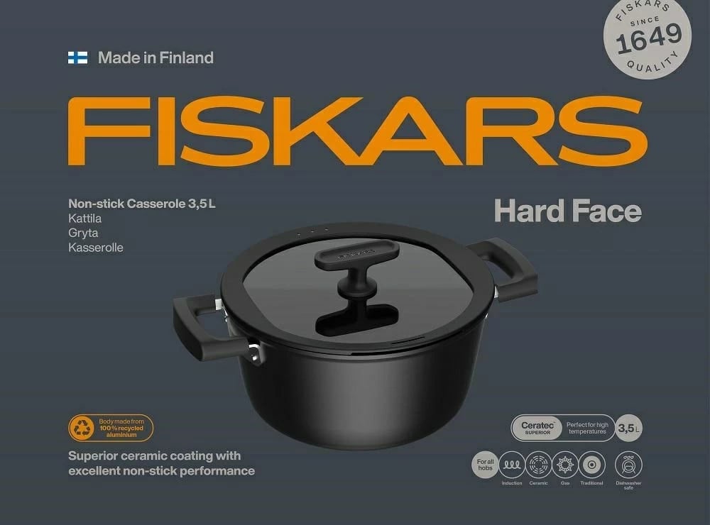 Tenxhere Fiskars Hard Face 3.5L me kapak, e zezë