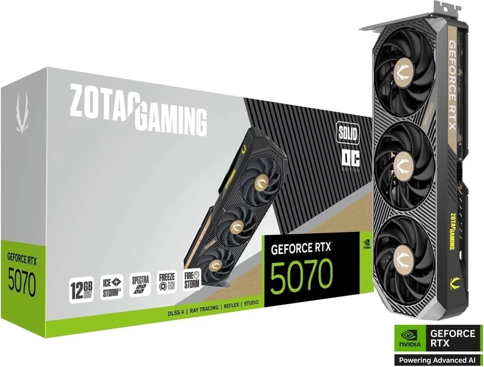 Kartë grafike ZOTAC GeForce RTX 5070 SOLID OC 12GB GDDR7 192-bit PCIe 5.0 3xDP/HDMI e zezë