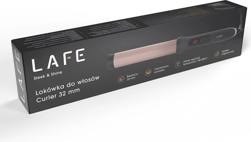 Figaro për flokë, Lafe, Sleek & Shine Curler LAFLKA47572, 32 mm, rregullim temperature 100-200°C, 60 W, veshje qeramike, ekran LCD, me dorëzë mbrojtëse, e zezë/rozë