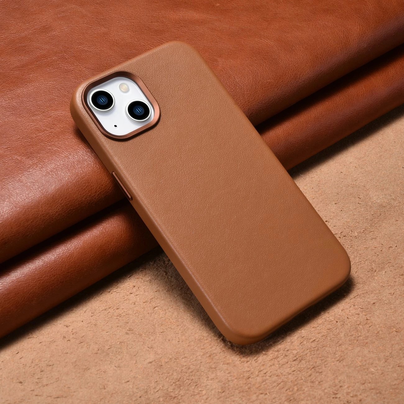 Mbështjellës iCarer për iPhone 14, lëkurë natyrale, MagSafe, Kafe
